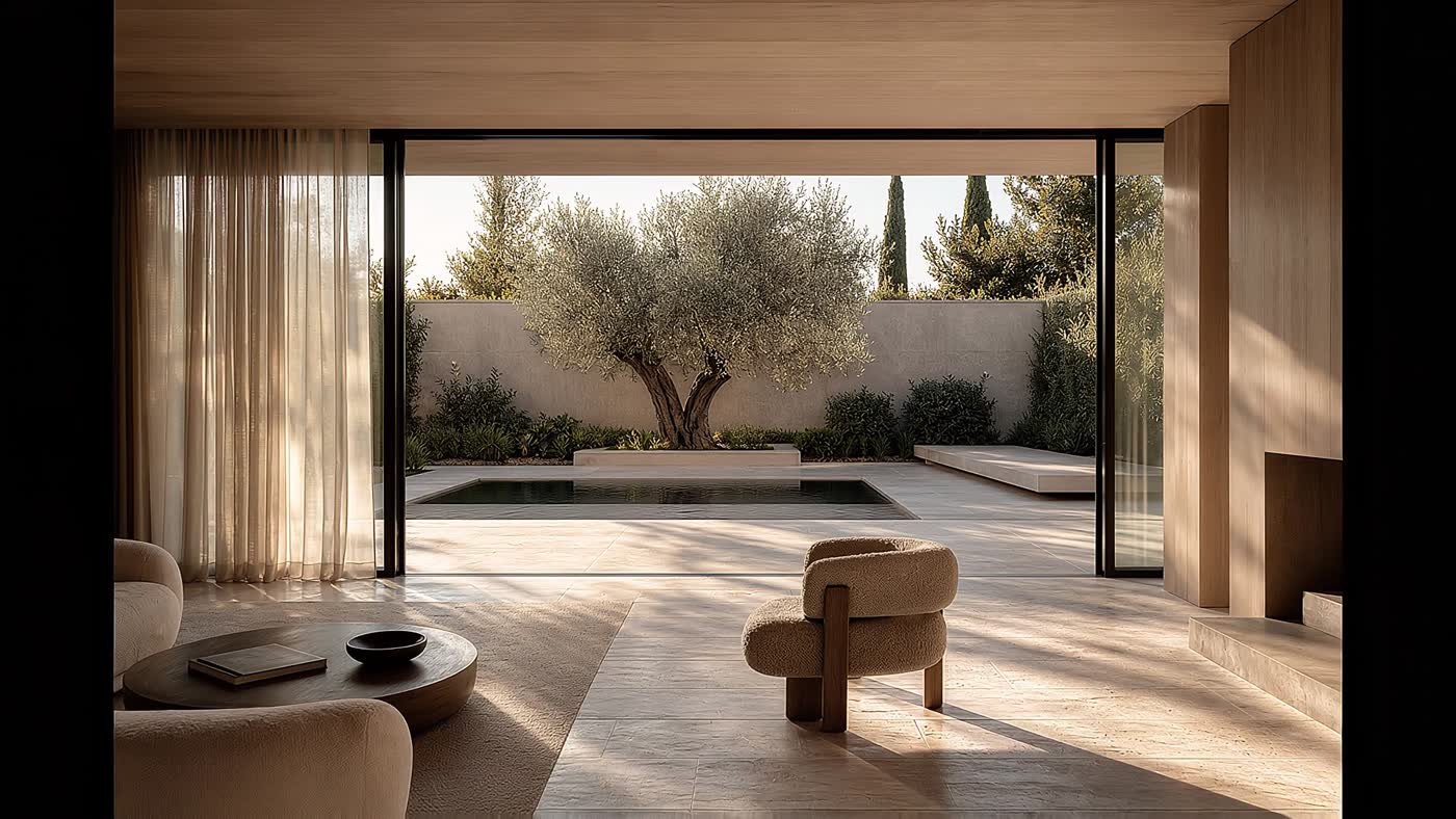 Organic modern living room opening to an olive courtyard