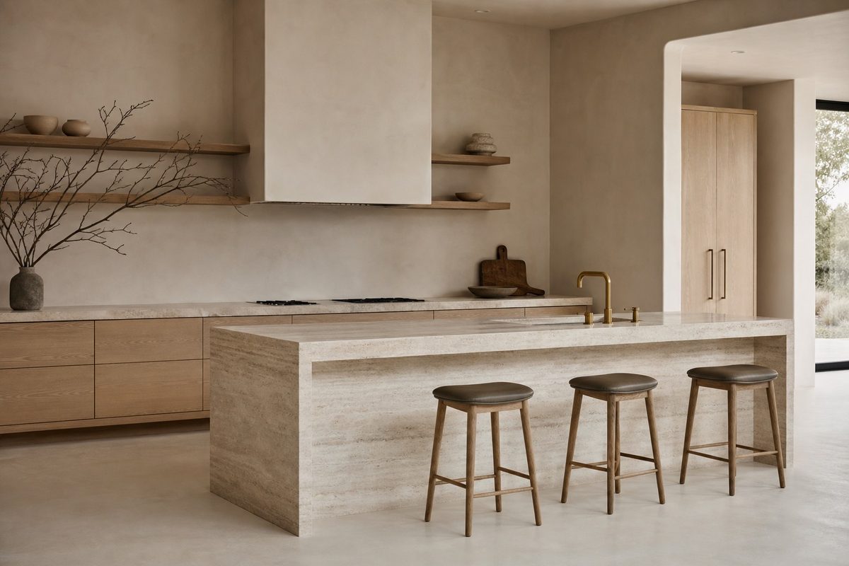 Travertine, oak, unlacquered brass